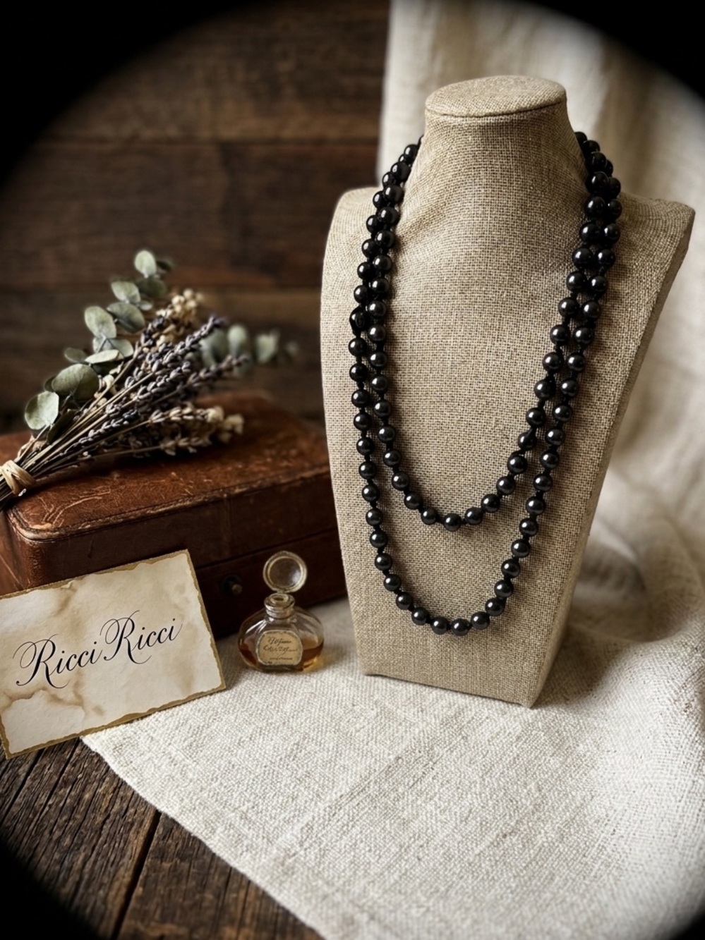 Nina Ricci "Ricci Ricci" Black Bead & Satin Ribbon Necklace - Designer Statement